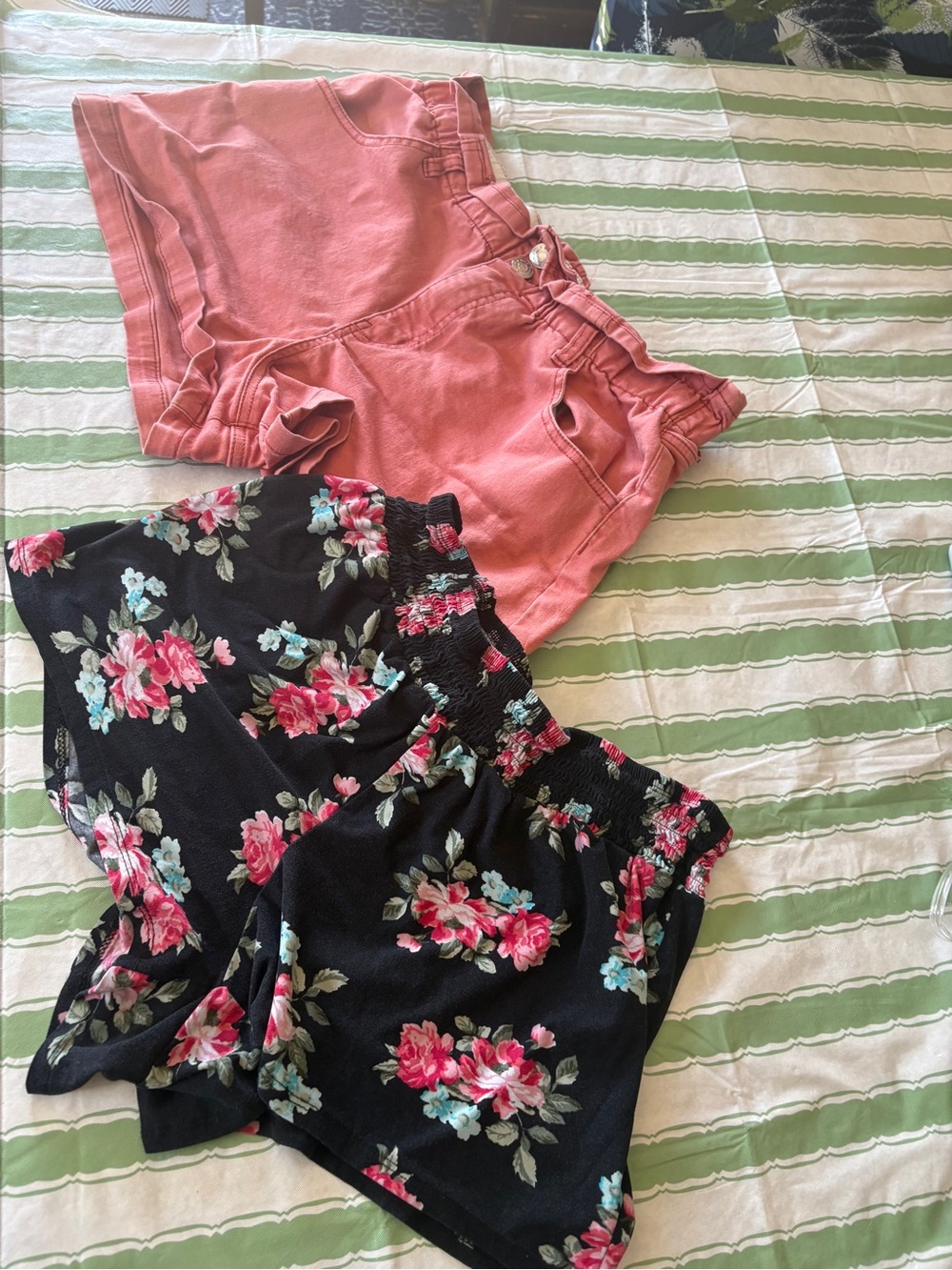 Women’s Pink Paperbag Waist Shorts & Black Floral Elastic-Waist Shorts Set